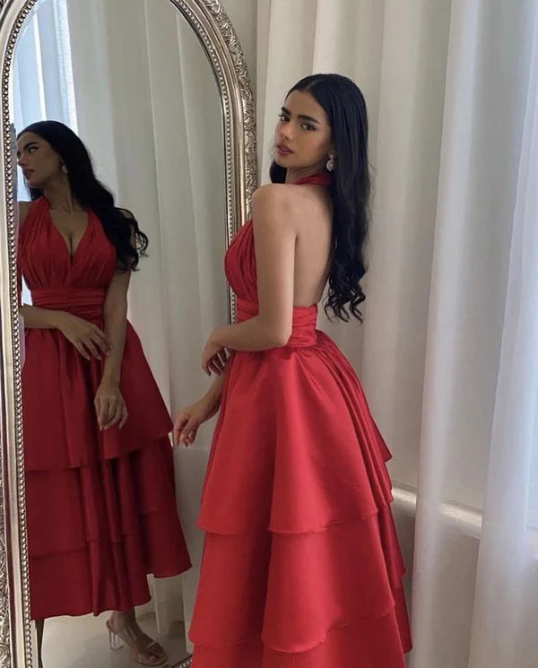 Luolandi Red Halter Backless A-Line Layers Long Evening Party Dress Elegant Formal Dress Solid Color